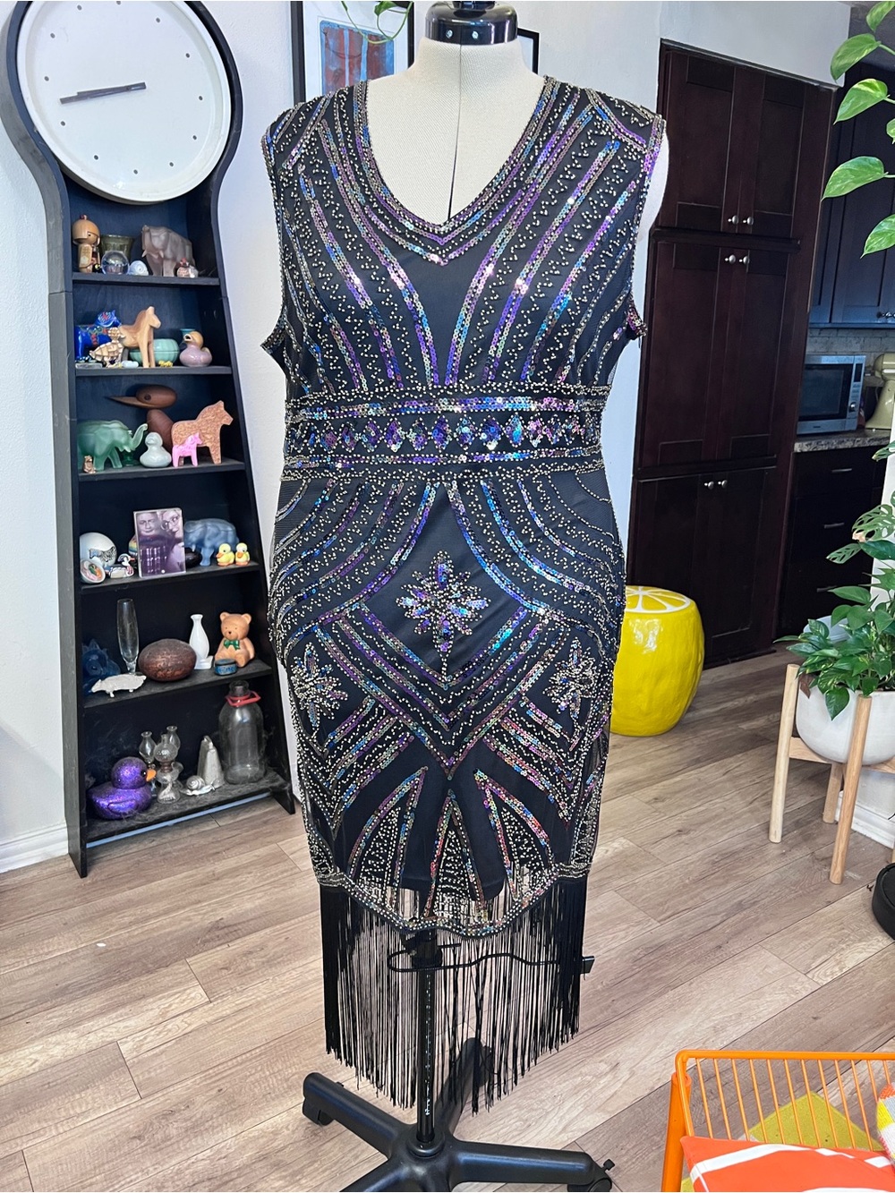 Unique Vintage Black Beaded Fringe Mini Dress with Iridescent Accents